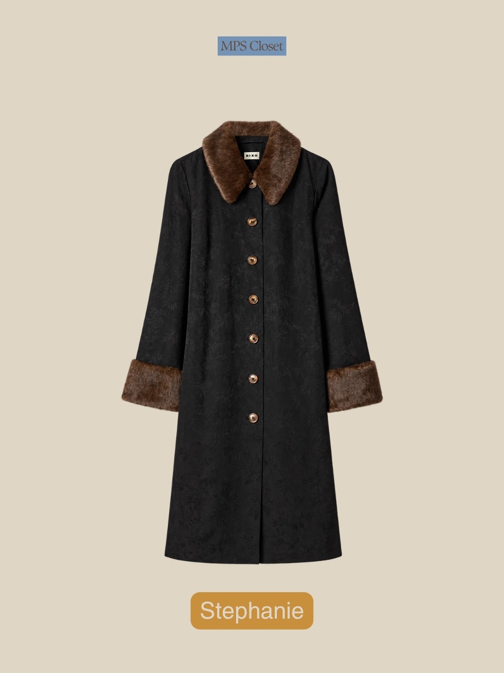 RIXO Black Trench Coat with Brown Faux Fur Collar & Cuffs